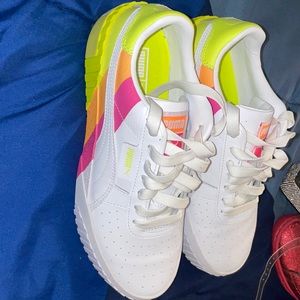 Puma sneakers size 6y or size 8 In women white pink orange lime green